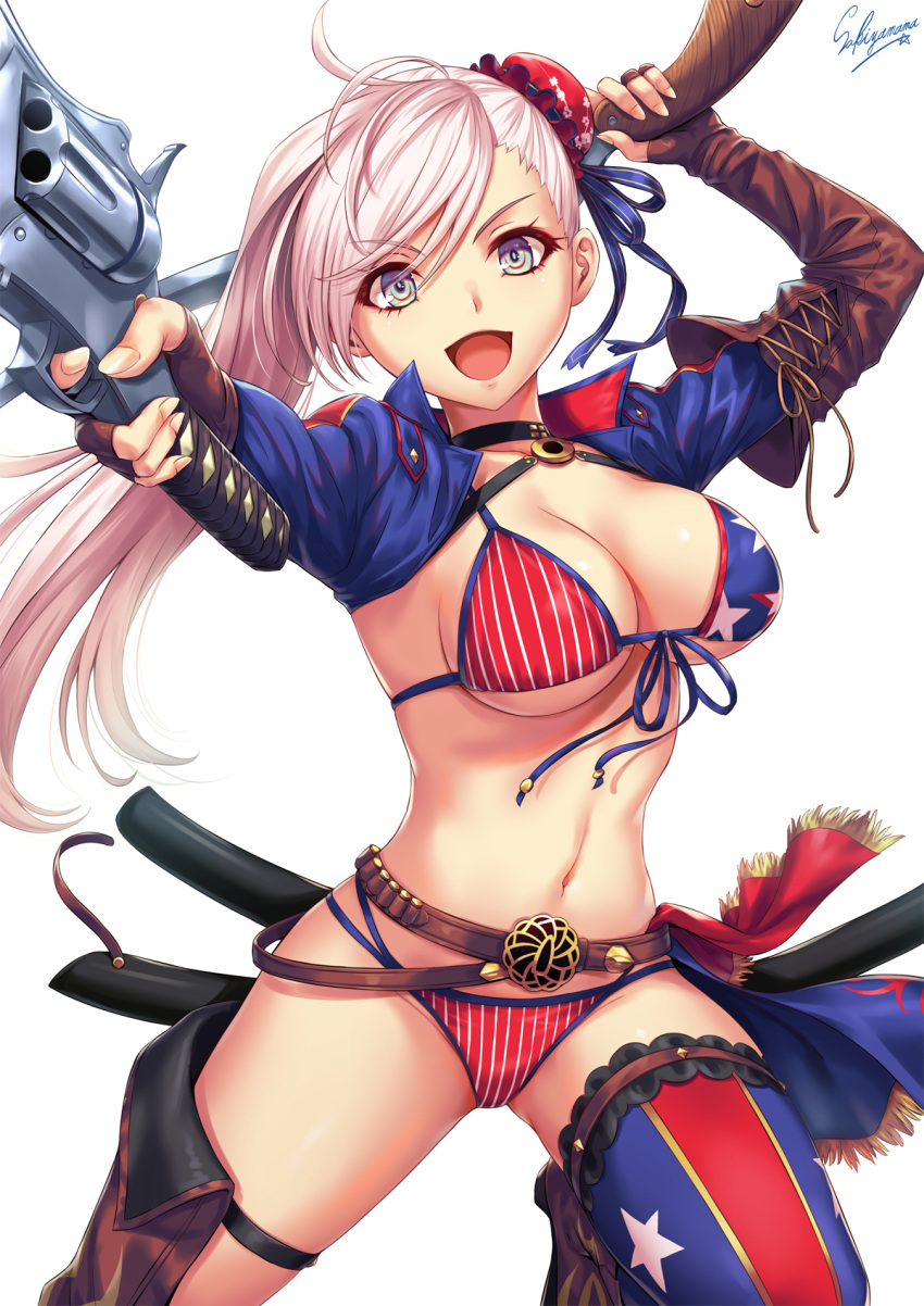 1girl american_flag_bikini asymmetrical_hair bangs bikini blue_ribbon blue_sky blush boots breasts brown_gloves bun_cover elbow_gloves fate/grand_order fate_(series) fingerless_gloves flag_print gloves gunblade hair_bun hair_ribbon highres large_breasts long_hair looking_at_viewer miyamoto_musashi_(fate/grand_order) miyamoto_musashi_(swimsuit_berserker)_(fate) navel open_mouth ribbon sakiyamama shrug_(clothing) single_thigh_boot sky smile solo sunlight swept_bangs swimsuit thigh-highs thigh_boots thigh_strap weapon white_background