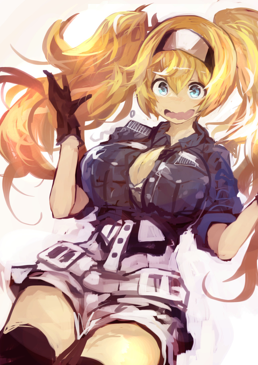 1girl absurdres bangs black_gloves blonde_hair blue_eyes blue_shirt blush breast_pocket breasts buttons gambier_bay_(kantai_collection) gloves hairband highres kaamin_(mariarose753) kantai_collection large_breasts long_hair open_mouth pocket popped_button shirt shorts simple_background solo twintails wavy_mouth