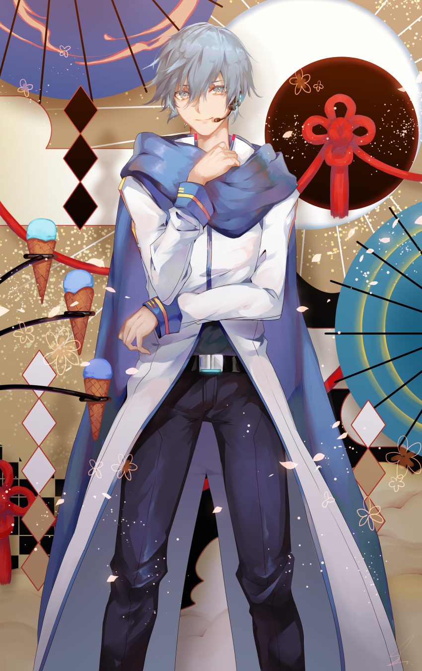 1boy abstract_background absurdres argyle argyle_background arm_across_waist beige_background belt blue_eyes blue_hair blue_scarf blue_umbrella candy coat floral_background flower food happy headset highres ice_cream ice_cream_cone kaito legs_apart light_particles looking_at_viewer male_focus multicolored multicolored_background oriental_umbrella pants petals saihate_(d3) scarf signature simple_background smile standing sweets umbrella upper_body vocaloid white_coat