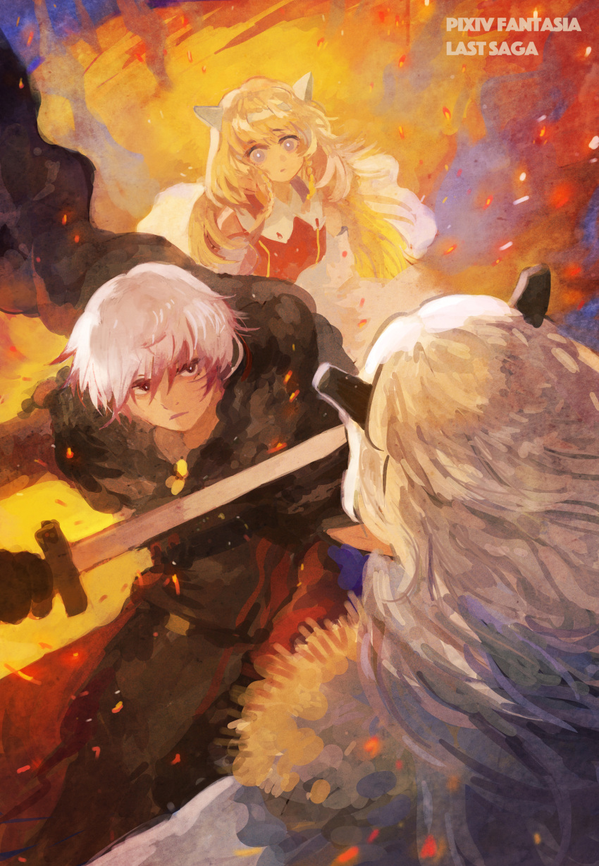 1boy 2girls absurdres black_cape black_gloves black_horns blonde_hair blue_eyes braid cape copyright_name eye_contact ezel_the_king_of_fire_and_iron falia_the_queen_of_the_mountains fur_trim gloves highres holding holding_sword holding_weapon horns juneliu927 long_hair looking_at_another multicolored_hair multiple_girls outdoors pixiv_fantasia pixiv_fantasia_last_saga pointy_ears redhead sword twin_braids two-tone_hair very_long_hair weapon white_hair zera_the_hornless_empress