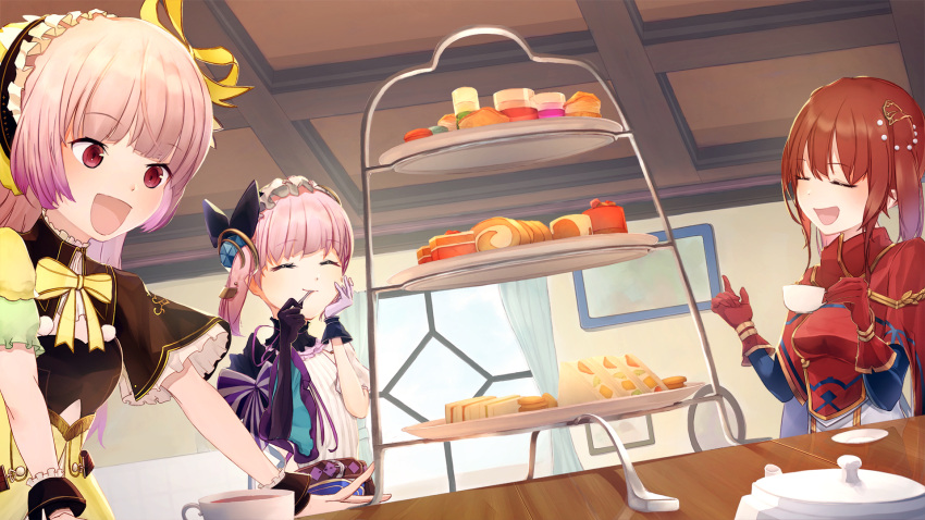 385oo 3girls atelier_(series) atelier_lydie_&amp;_suelle belt bow bowtie capelet closed_eyes cousins cup curtains eating food gloves hairband highres long_hair lucia_borthayre lydie_marlen multiple_girls open_mouth pink_eyes pink_hair redhead sandwich siblings side_ponytail sisters suelle_marlen sweets teacup twintails upper_body window