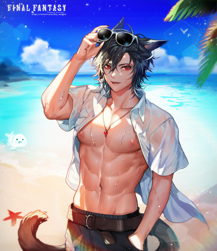 1boy abs absurdres animal animal_ears bare_arms beach belt bird black_hair cat_ears cat_tail chest collarbone collared_shirt copyright_name day eyelashes eyewear_on_head fang final_fantasy final_fantasy_xiv groin hair_between_eyes hajun_(hey_sangha) hand_in_pocket hand_on_eyewear hand_up highres jewelry looking_at_viewer male_focus messy_hair miqo'te multicolored_hair navel nipples ocean open_clothes open_mouth open_shirt outdoors pectorals pendant pocket red_eyes seagull seal shirt short_hair short_sleeves shorts solo stomach sunglasses sweat tail toned two-tone_hair upper_body water watermark web_address wet wet_clothes wet_shirt white_hair white_shirt wing_collar