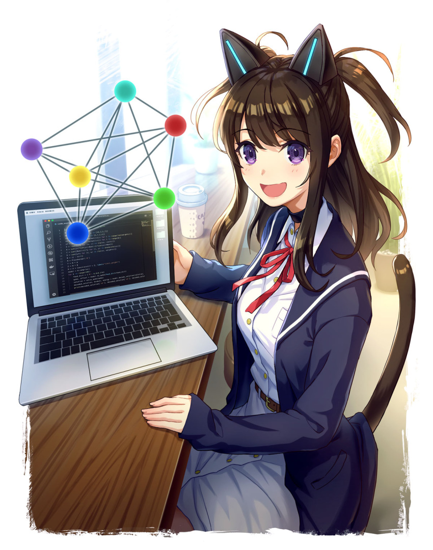 1girl :d animal_ears bangs belt belt_buckle blue_jacket blush brown_belt brown_hair buckle cat_ears cat_girl cat_tail coffee_cup commentary_request computer copyright_request cup day disposable_cup dress eyebrows_visible_through_hair fake_animal_ears fingernails highres indoors jacket laptop long_hair long_sleeves open_clothes open_jacket open_mouth shouhei sitting sleeves_past_wrists smile solo sunlight tail tail_raised two_side_up violet_eyes white_dress window