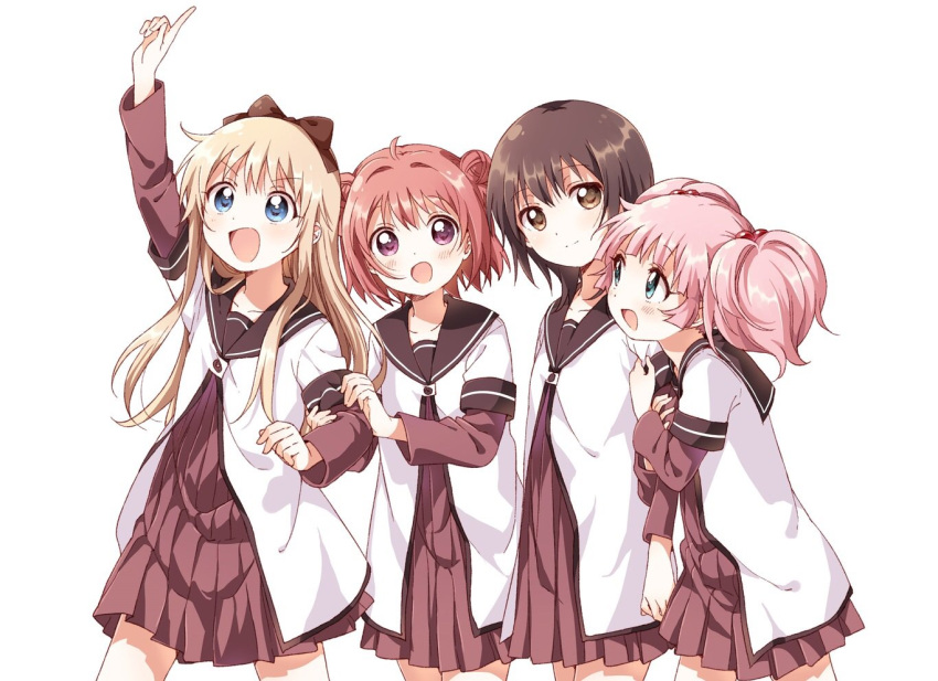 4girls akaza_akari arm_up blue_eyes blush brown_eyes brown_hair closed_mouth collarbone double_bun funami_yui index_finger_raised long_hair long_sleeves looking_at_another looking_at_viewer multiple_girls namori nanamori_school_uniform open_mouth pink_hair redhead school_uniform short_hair short_twintails smile toshinou_kyouko twintails violet_eyes yoshikawa_chinatsu yuru_yuri