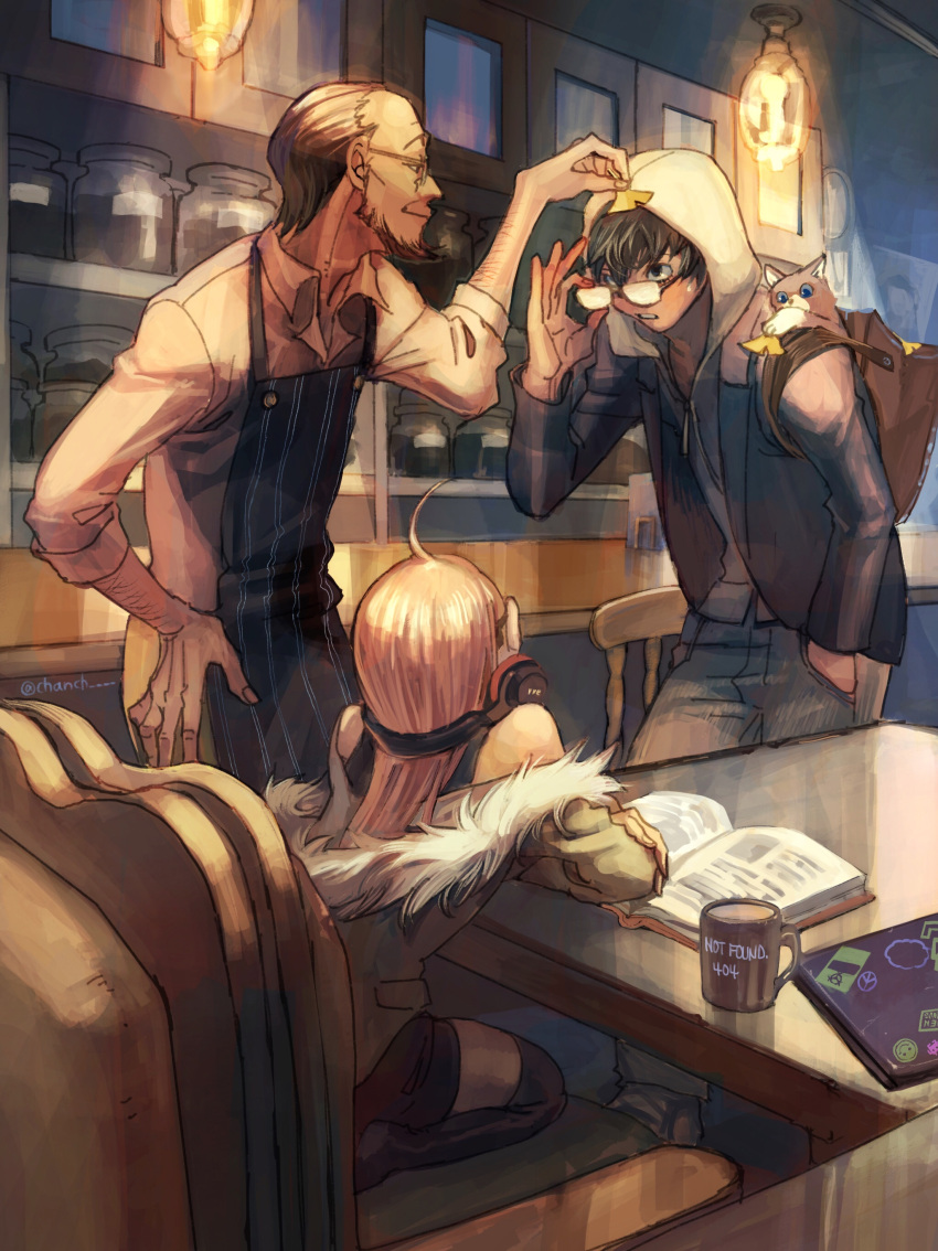 1girl 1other 2boys absurdres ahoge amamiya_ren animal atlus backpack bag bar beard black_hair book cat chair chanch coffee_cup computer cup disposable_cup facial_hair fur_trim glasses goatee headphones headphones_around_neck highres hood hood_up hoodie human jacket laptop leaf looking_at_another megami_tensei morgana_(persona_5) multiple_boys normal parted_lips persona persona_5 sakura_futaba sakura_soujirou short_shorts shorts smile standing table thigh-highs