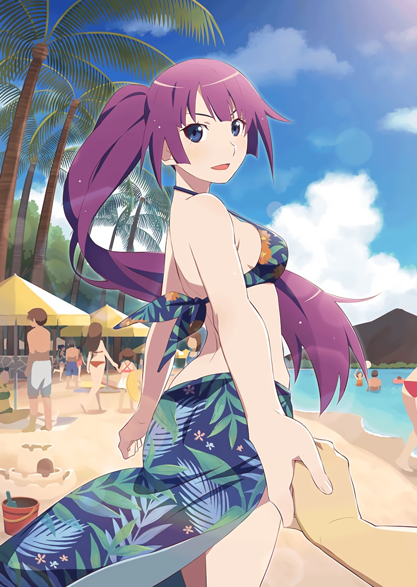 3boys 6+girls bangs bare_arms bare_back bare_shoulders beach beach_umbrella bikini blue_bikini blue_eyes blue_sky blush breasts cowboy_shot faceless highres holding_hands lens_flare long_hair looking_at_viewer looking_back medium_breasts monogatari_(series) monogatari_series_puc_puc multiple_boys multiple_girls ocean official_art open_mouth out_of_frame outstretched_arm palm_tree purple_hair sand_castle sand_sculpture senjougahara_hitagi shiny shiny_hair sideboob sidelocks sky solo_focus swimsuit tree umbrella very_long_hair watanabe_akio