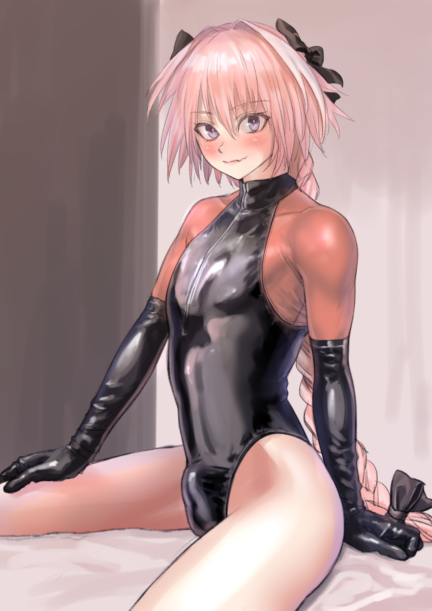 1boy astolfo_(fate) black_bow blush bodysuit bow braid breasts bulge elbow_gloves eyebrows_visible_through_hair fang fate/apocrypha fate/grand_order fate_(series) gloves highres kilye_4421 latex_bodysuit long_hair looking_at_viewer medium_breasts pink_eyes short_hair single_braid sitting skin_tight smile solo very_long_hair violet_eyes white_hair