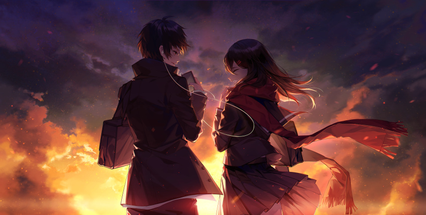 1boy 1girl ^_^ ayan bag bangs black_hair black_serafuku black_skirt brown_eyes brown_hair cable closed_eyes clouds commentary_request cowboy_shot digital_media_player earphones from_behind gakuran hair_ornament hairclip happy highres holding jacket kagerou_project kisaragi_shintarou laughing long_hair long_sleeves looking_at_another pleated_skirt profile red_scarf sailor_collar_lift scarf school_bag school_uniform serafuku side-by-side skirt sky sunset tateyama_ayano unbuttoned wind wind_lift