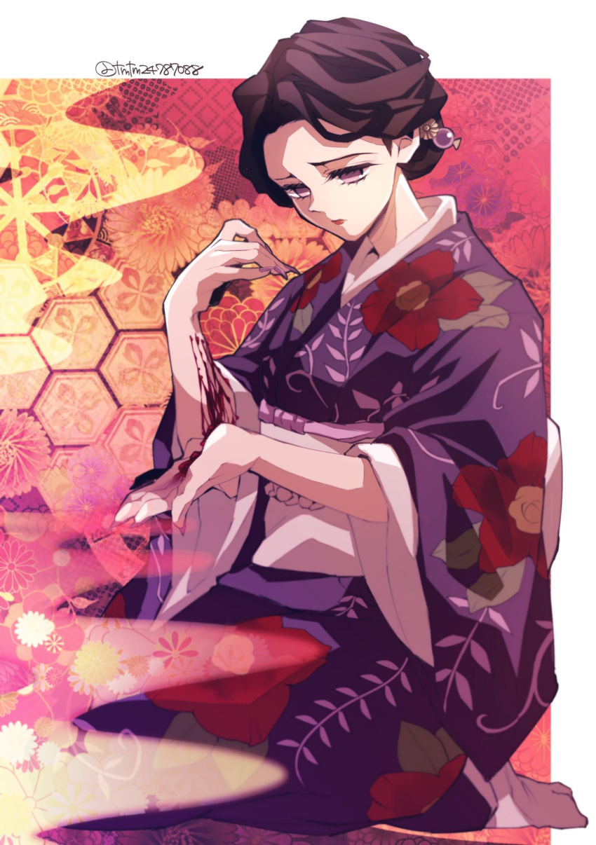 1girl black_hair blood_on_arm fingernails floral_background floral_print full_body hair_ornament highres injury japanese_clothes kimetsu_no_yaiba kimono lips lipstick looking_down makeup obi patterned_background sash seiza sharp_fingernails short_hair sitting solo tamayo_(kimetsu_no_yaiba) tmtm24787088 twitter_username violet_eyes wide_sleeves