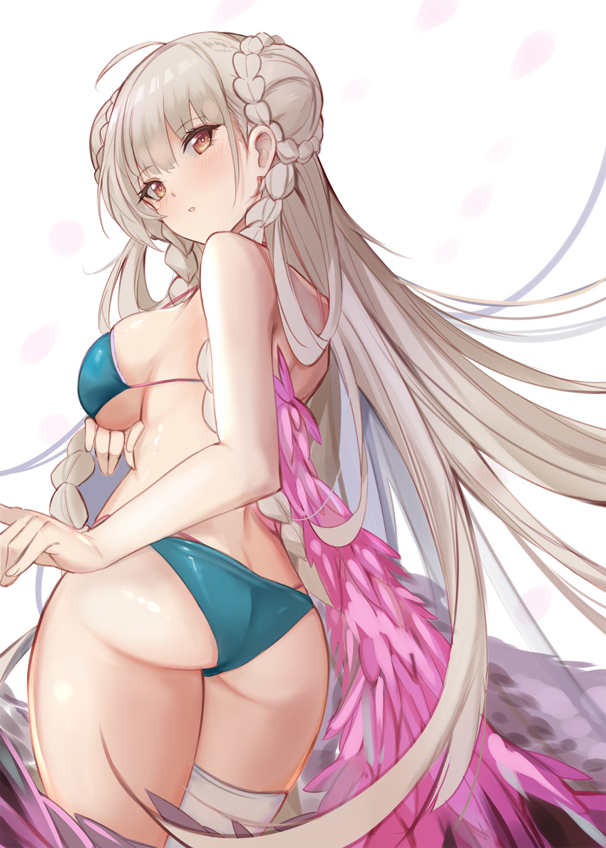 1girl ahoge alternate_costume arm_under_breasts ass azur_lane b_b_b_b66 bangs bare_shoulders bikini blue_bikini blush braid braided_bun breasts butt_crack cowboy_shot double_bun eyebrows_visible_through_hair feather_boa floating_hair formidable_(azur_lane) formidable_(the_lady_of_the_beach)_(azur_lane) from_behind hair_between_eyes highres huge_filesize large_breasts legs_together long_hair looking_back multi-strapped_bikini parted_lips shiny shiny_hair shiny_skin silver_hair simple_background single_thighhigh solo standing strap_gap swimsuit thick_thighs thigh-highs thighs twin_braids under_boob very_long_hair white_background white_legwear