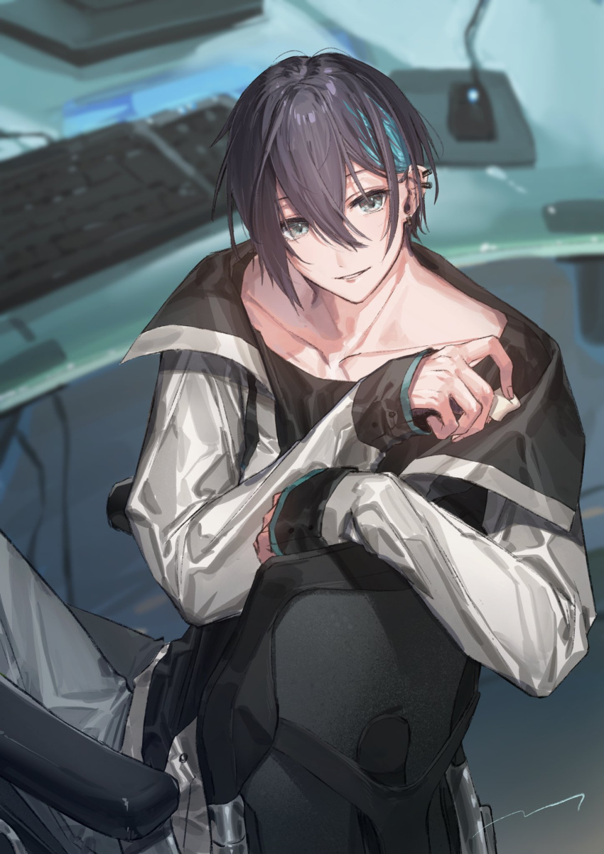 1boy azarashi_ball black_hair black_shirt blue_eyes blue_hair chair collarbone desk ear_piercing earrings feet_out_of_frame food grey_pants highres holding holding_food jacket jewelry keyboard_(computer) long_sleeves looking_at_viewer looking_back marshmallow mayuzumi_kai mouse_(computer) multicolored_hair nijisanji office_chair open_clothes open_jacket pants piercing shirt sitting smile streaked_hair virtual_youtuber white_jacket