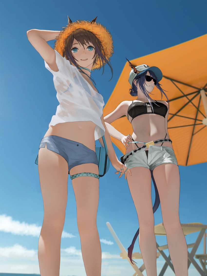 2girls absurdres amiya_(arknights) animal_ears aqua_shorts arknights arm_up bangs beach belt bikini black_bikini blue_bikini blue_choker blue_eyes blue_hair blue_shorts blue_sky breasts brown_hair ch'en_(arknights) choker closed_mouth day hair_between_eyes hat highleg highleg_bikini highres horns huge_filesize jewelry long_hair looking_at_viewer medium_breasts multiple_girls multiple_rings navel outdoors ring see-through shirt short_shorts shorts sidelocks sky stomach straw_hat sunglasses swimsuit table tacshojosora tail thigh_strap thighs white_shirt