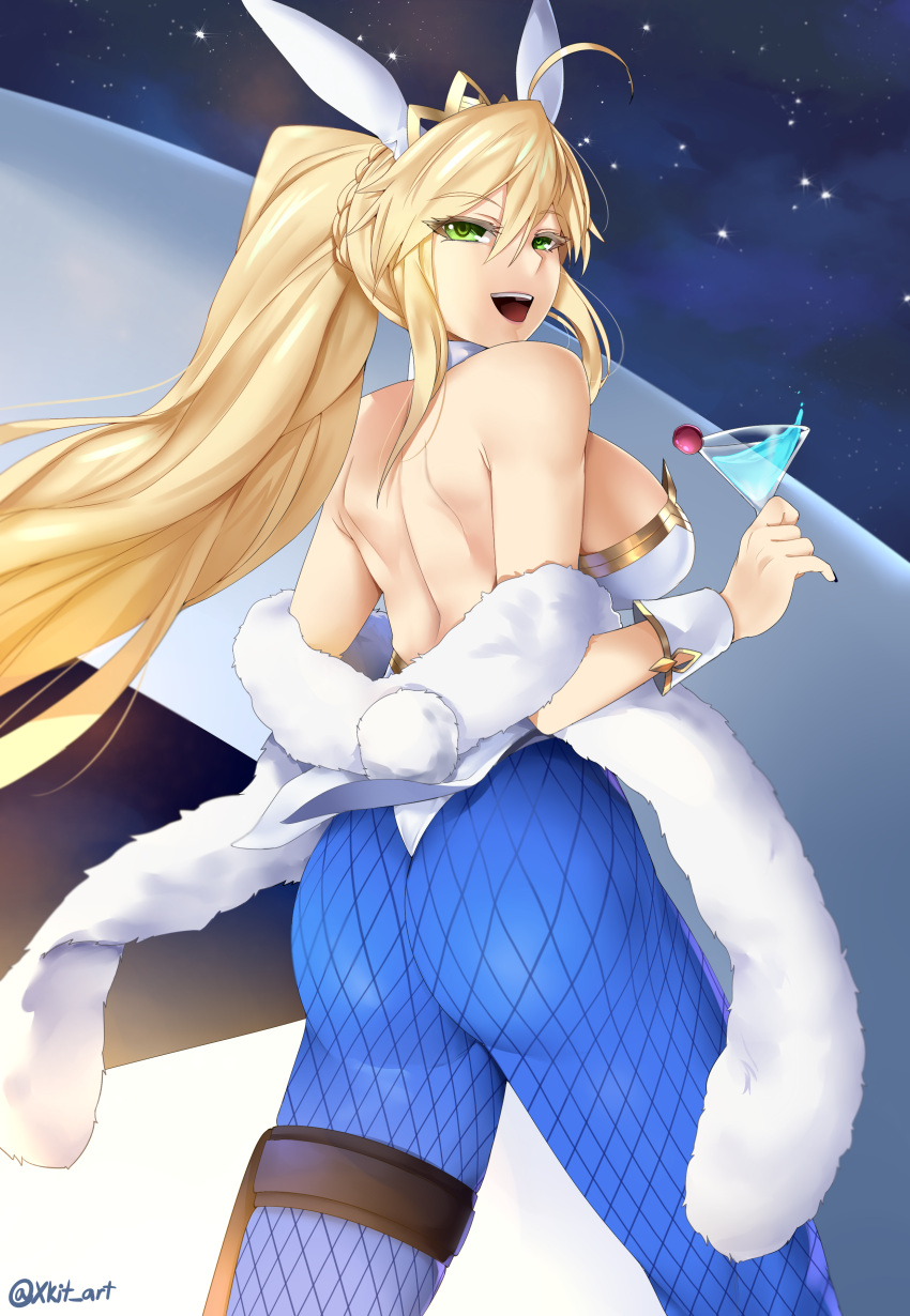 1girl absurdres ahoge animal_ears artoria_pendragon_(all) artoria_pendragon_(swimsuit_ruler)_(fate) ass back bangs blonde_hair blue_legwear blush braid breasts bunny_tail bunnysuit cocktail_glass cup detached_collar drinking_glass fate/grand_order fate_(series) feather_boa fishnet_pantyhose fishnets french_braid green_eyes hair_between_eyes highleg highleg_leotard highres holster leotard long_hair looking_at_viewer looking_back night night_sky open_mouth pantyhose ponytail rabbit_ears sidelocks sky smile solo star_(sky) starry_sky tail thigh_strap tiara white_leotard wrist_cuffs xkit