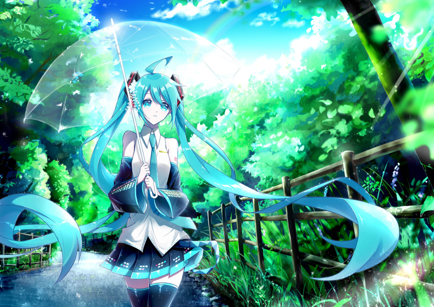 1girl absurdres ahoge aqua_eyes aqua_hair aqua_neckwear bare_shoulders belt black_legwear black_skirt black_sleeves blue_sky bush clouds commentary cowboy_shot day detached_sleeves expressionless fence flower grass hair_flower hair_ornament hatsune_miku highres holding holding_umbrella leaf long_hair necktie outdoors parted_lips plant rainbow road shirt shoulder_tattoo skirt sky sleeveless sleeveless_shirt solo tattoo thigh-highs transparent transparent_umbrella tree twintails umbrella very_long_hair vocaloid white_shirt wooden_fence yokrio zettai_ryouiki