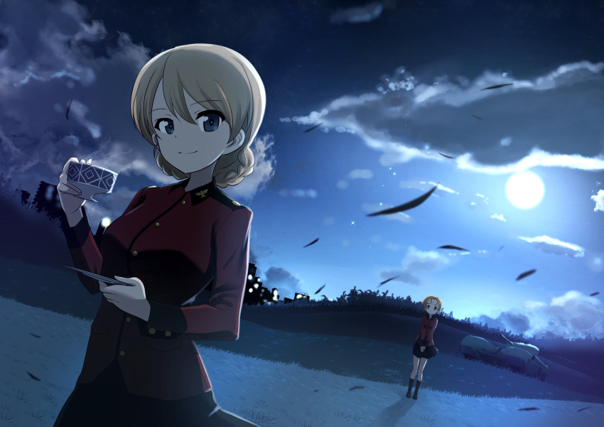 2girls absurdres bangs blonde_hair blue_eyes braid building churchill_(tank) clouds coat cup darjeeling excel_(shena) girls_und_panzer ground_vehicle highres long_sleeves looking_at_viewer military military_vehicle moon motor_vehicle multiple_girls night orange_pekoe red_coat skirt sky smile st._gloriana's_military_uniform tank teacup thighs tied_hair tree wind