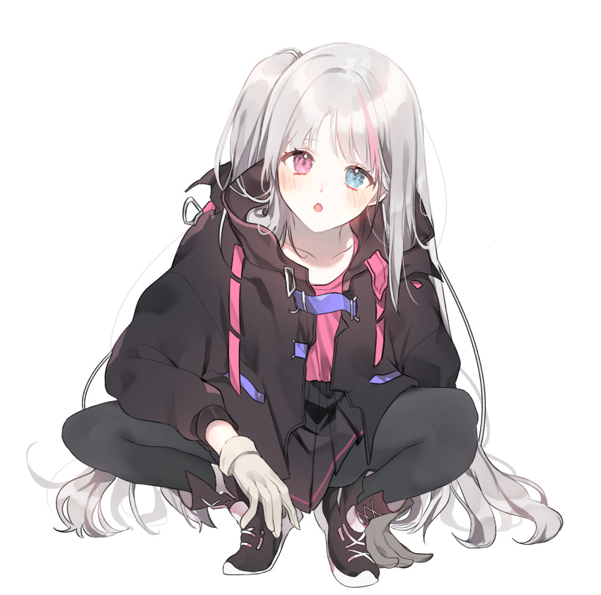 1girl :o absurdres bangs black_clothes blue_eyes blush coat collarbone full_body girls_frontline gloves grey_hair heterochromia highres long_hair long_sleeves looking_at_viewer mdr_(girls_frontline) multicolored_hair open_mouth pantyhose pink_eyes pink_hair rang_ji7 shoes simple_background sitting sneakers solo streaked_hair unbuttoned very_long_hair white_background white_gloves