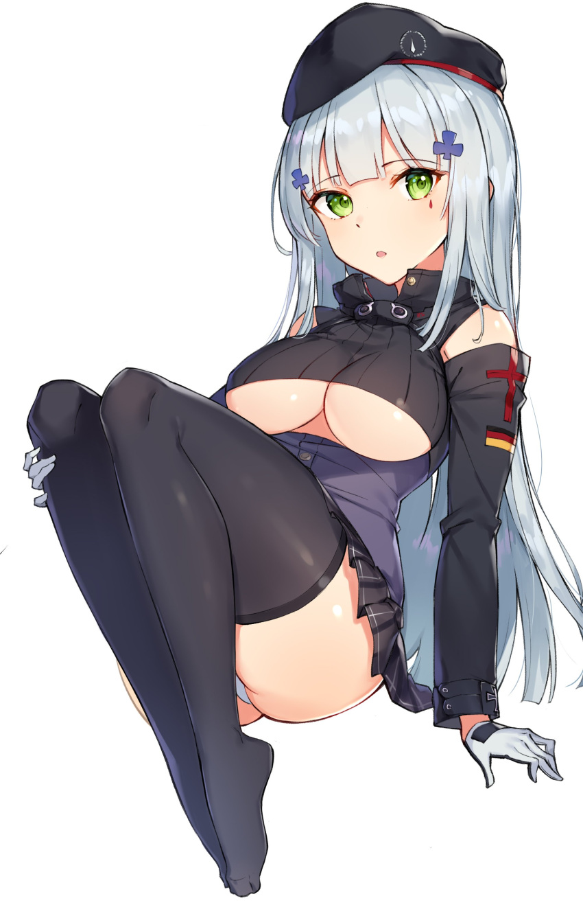 1girl :o absurdres alternate_breast_size ass beret black_headwear black_legwear black_skirt blush breasts cross_hair_ornament facial_mark full_body german_flag girls_frontline gloves green_eyes hair_ornament hat highres hk416_(girls_frontline) iron_cross jacket knees_up large_breasts long_hair long_sleeves looking_at_viewer miniskirt no_shoes panties parted_lips plantar_flexion pleated_skirt purple_jacket revision rikoma sidelocks silver_hair simple_background sitting skirt solo thigh-highs under_boob underwear very_long_hair white_background white_gloves white_panties