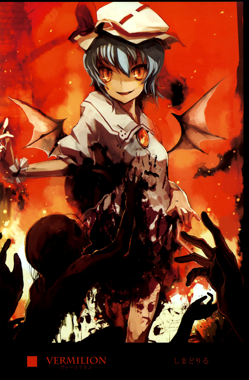 bat_wings blood bow hands hat highres orange_eyes purple_hair remilia_scarlet shimadoriru short_hair solo touhou wings