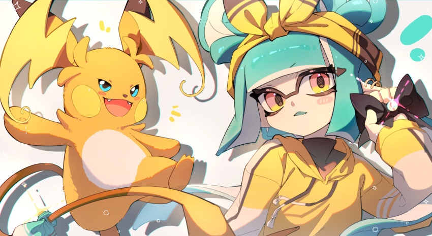 1girl absurdres aqua_hair black_bow blue_eyes bow chu_u0spl fangs hairband highres inkling inkling_girl inkling_player_character jacket looking_at_viewer medium_hair mega_evolution mega_pokemon mega_raichu_y mega_stone open_mouth pokemon pokemon_(creature) pokemon_legends:_z-a raichu smile sparkle splatoon_(series) splatoon_3 tail tentacle_hair yellow_eyes yellow_hairband yellow_jacket