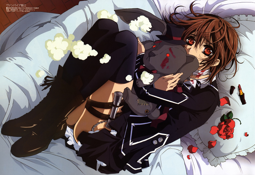 bandages bed bed_sheet black_legwear blood brown_hair cross_yuki flower highres hug jewelry legs_up lipstick lying megami necklace nishida_asako on_back petals pillow pinup red_eyes rose school_uniform short_hair solo stuffed_animal stuffed_bunny stuffed_toy thigh_strap thighhighs thighs vampire_knight yuuki_cross