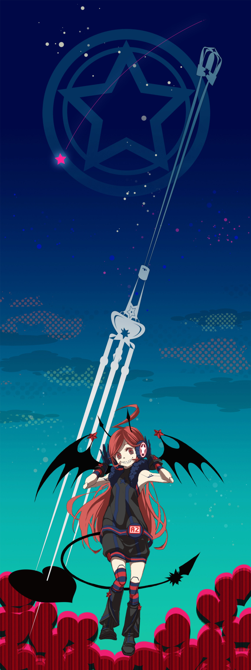 ahoge android antennae bad_id belt boots crazy_eyes demon_girl demon_wings dress earmuffs gloves hands_on_earmuffs hands_on_headphones headphones headset highres kneehighs long_hair long_image miki_(vocaloid) oooocha red_eyes red_hair robot_joints sf-a2_miki sharp_teeth sky smile socks solo star striped striped_gloves striped_kneehighs tail tall_image vocaloid wings wrist_cuffs