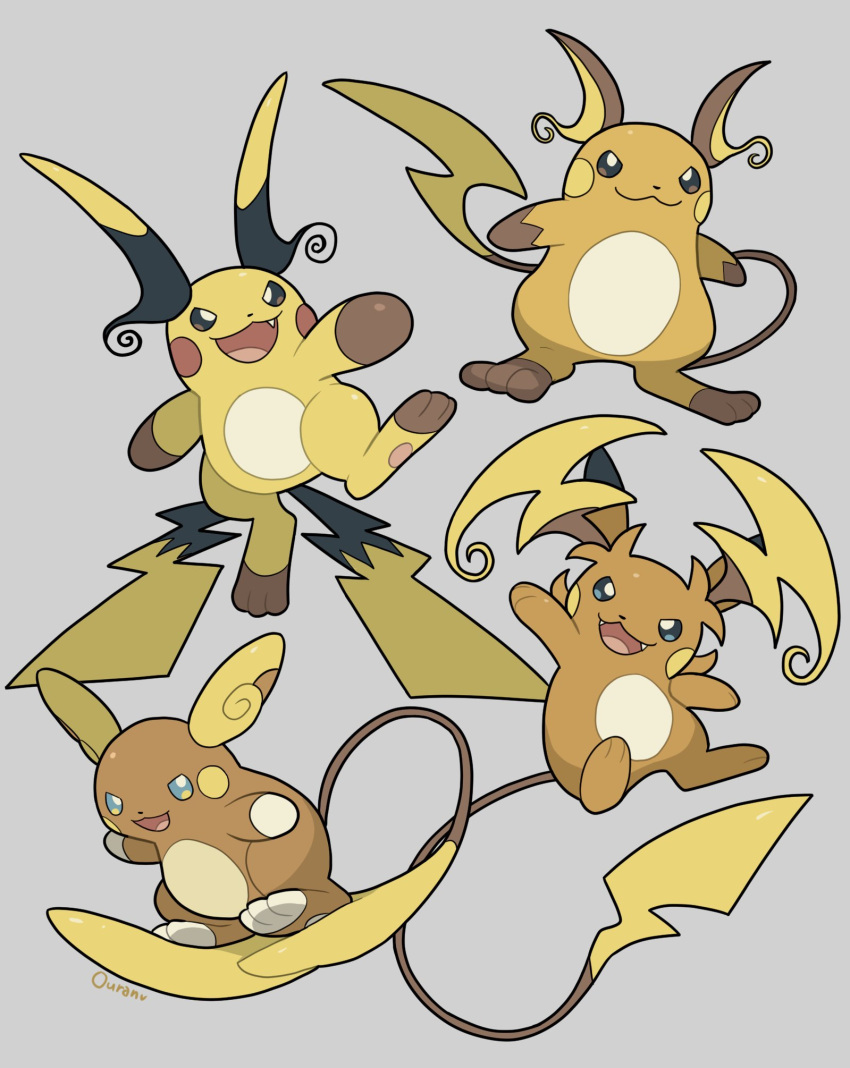 alolan_raichu animal_focus blue_eyes closed_mouth fang fangs full_body grey_background highres mega_pokemon mega_raichu_x mega_raichu_y multiple_tails no_humans open_mouth orange_fur ouran pokemon pokemon_(creature) pokemon_focus pokemon_legends:_z-a raichu regional_and_normal simple_background smile tail very_long_ears very_long_tail yellow_fur