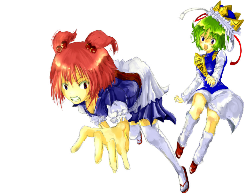 angry bad_id blue_eyes chasing clenched_teeth foreshortening green_hair hair_bobbles hair_ornament hat loose_socks multiple_girls onozuka_komachi open_mouth purple_eyes red_hair ribbon rod_of_remorse run_away sandals shikieiki_yamaxanadu shoes short_hair short_twintails simple_background sketch skirt socks thighhighs touhou twintails wallpaper yae_(artist)