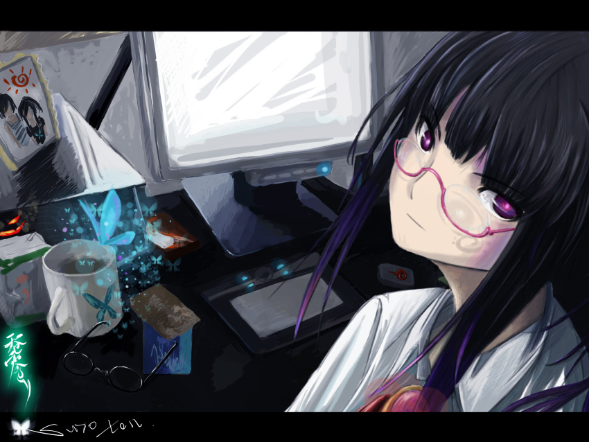 absurdres bad_id butterfly coffee computer cup glasses highres glasses monitor purple_eyes purple_hair surolen tablet