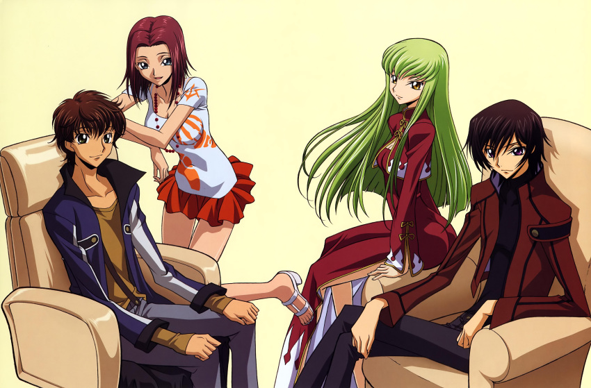 black_hair blue_eyes brown_hair c.c. cc code_geass green_eyes green_hair highres jewelry kallen_stadtfeld kururugi_suzaku lelouch_lamperouge long_hair necklace purple_eyes sakamoto_shuuji skirt yellow_eyes