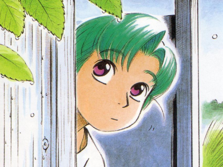 green_hair hatsuseno_alpha highres purple_eyes solo wallpaper yokohama_kaidashi_kikou