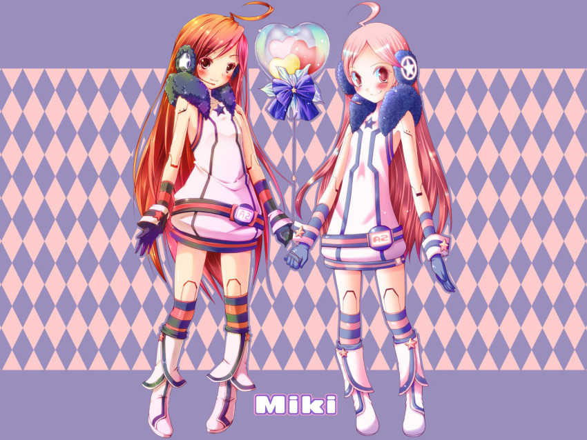 android balloon belt blush boots dress dual_persona earmuffs gloves headphones headset highres kneehighs long_hair miki_(vocaloid) niro nironiro pink_eyes pink_hair red_eyes red_hair robot_joints sf-a2_miki smile socks star striped striped_gloves striped_kneehighs very_long_hair vocaloid wallpaper wrist_cuffs