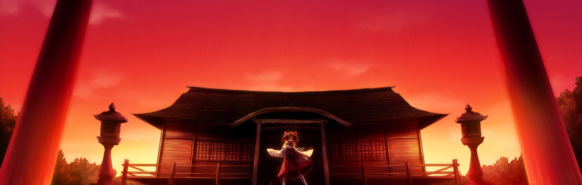 bow brown_hair detached_sleeves hakurei_reimu highres japanese_clothes kazakura long_image miko orange_(color) outstretched_arms short_hair shrine solo spread_arms stone_lantern sunset torii touhou wide_image