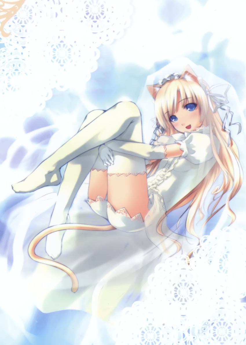 animal_ears ass blonde_hair blue_eyes blush bridal_veil bride cat_ears cat_tail dress elbow_gloves feet flat_chest gloves hair_ribbon hairband highres leg_hug legs long_hair noantica ooji original ribbon smile solo tail thigh-highs thighhighs veil wedding_dress white_legwear