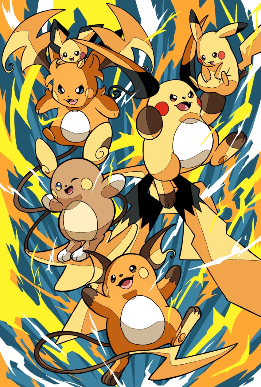 alolan_raichu blue_eyes brown_eyes debudebumetabo electricity evolutionary_line fang fangs highres mega_pokemon mega_raichu_x mega_raichu_y multiple_tails no_humans one_eye_closed open_mouth orange_fur pichu pikachu pokemon pokemon_(creature) pokemon_focus pokemon_legends:_z-a raichu red_eyes regional_and_normal smile tail very_long_ears very_long_tail yellow_fur