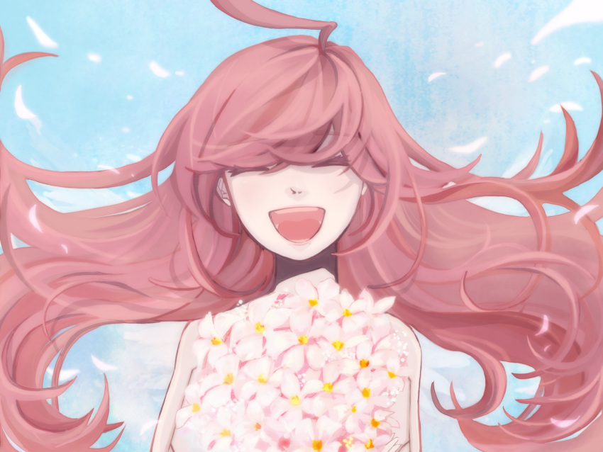 android bad_id closed_eyes face flower gabaisuito-n hair_over_eyes happy long_hair miki_(vocaloid) open_mouth petals portrait red_hair redhead sf-a2_miki sky smile solo very_long_hair vocaloid