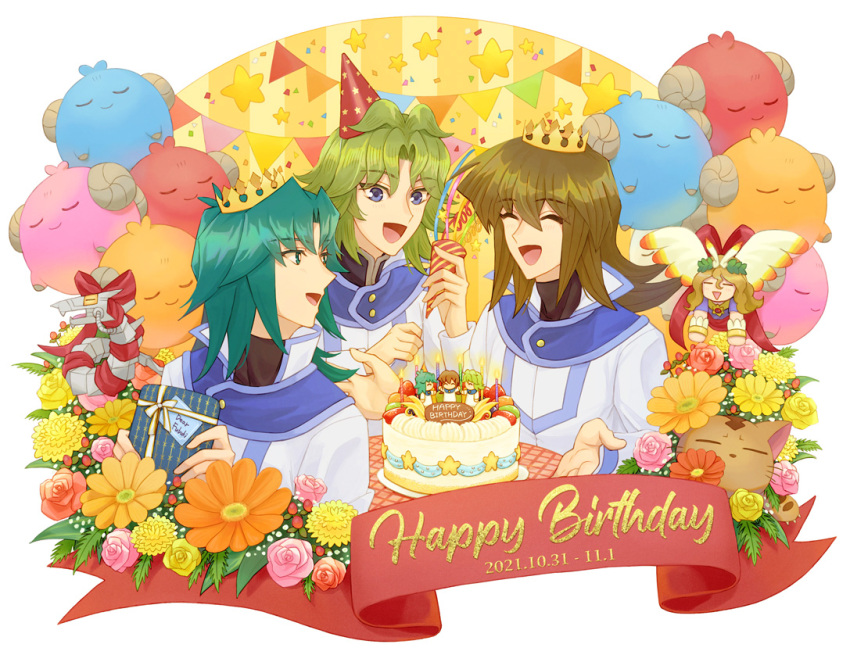 3boys black_shirt brown_hair closed_eyes crown cyber_dragon dated duel_monster flower fujiwara_yuusuke gift green_hair happy_birthday holding holding_gift honest_(yu-gi-oh!) long_hair male_focus marufuji_ryo moisukii multiple_boys open_mouth orange_flower party_popper pharaoh_(cat) scapegoat shirt star_(symbol) string_of_flags tablecloth tenjouin_fubuki violet_eyes yu-gi-oh! yu-gi-oh!_gx