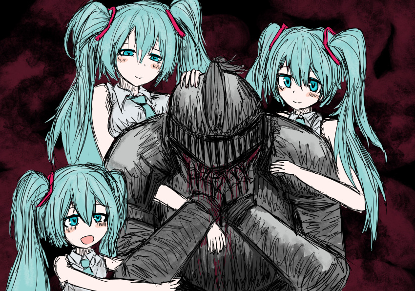 1boy 3girls age_comparison aqua_eyes aqua_hair aqua_necktie armor black_souls black_souls_2 blood blood_from_eyes blood_on_face closed_mouth dot_nose full_armor gauntlets grimm_(black_souls) hand_on_another's_head hand_on_own_face hatsune_miku heart heart-shaped_pupils helm helmet highres holding holding_another's_arm knight long_hair looking_at_another meme multiple_girls necktie open_mouth parody ricinus shirt sleeveless sleeveless_shirt sushi_yuusha_toro_(style) symbol-shaped_pupils twintails upper_body vocaloid where_is_alice_(meme) white_shirt
