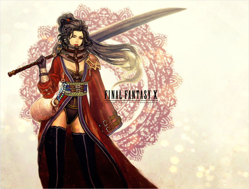 ass auron belt black_hair boots bottle breasts cleavage coat final_fantasy final_fantasy_x genderswap gloves hips legs lips lipstick long_hair looking_at_viewer makeup onose1213 ponytail solo standing sword thigh-highs thighhighs title_drop weapon wink