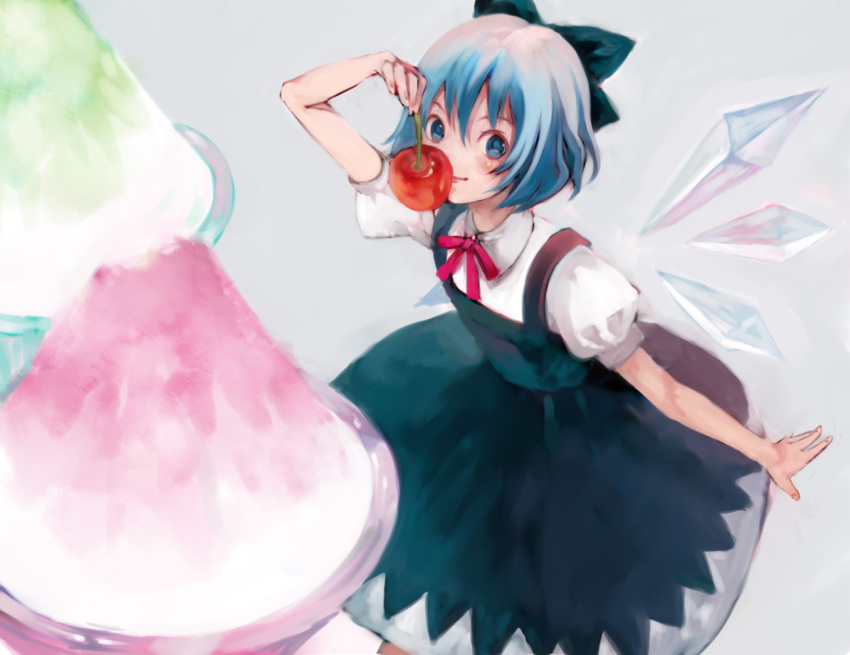 blue_dress blue_eyes blue_hair bow cherry cirno dress food fruit fukahire_sanba hair_bow holding ice ice_wings looking_at_viewer minigirl ribbon ribbons shaved_ice short_hair short_sleeves smile solo touhou wings