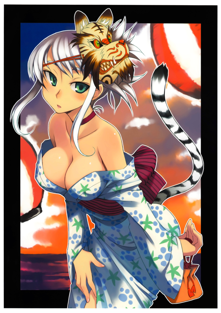 1girl absurdres bare_shoulders breasts choker cleavage down_blouse green_eyes highres huge_filesize japanese_clothes kimono kusanagi_tonbo lantern large_breasts leaning_forward mask obi off_shoulder original paper_lantern parted_lips pouch scan silver_hair solo tail tiger_tail yukata