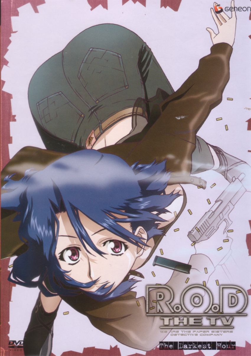 back belt bent_over blue_hair boots breasts cleavage cover down_blouse dvd_cover glock gun handgun highres ishihama_masashi jacket jeans large_breasts magazine_(weapon) nancy_makuhari no_bra official_art open_clothes open_jacket pink_eyes pistol r.o.d_the_tv read_or_die scan shell_casing short_hair smile solo violet_eyes weapon