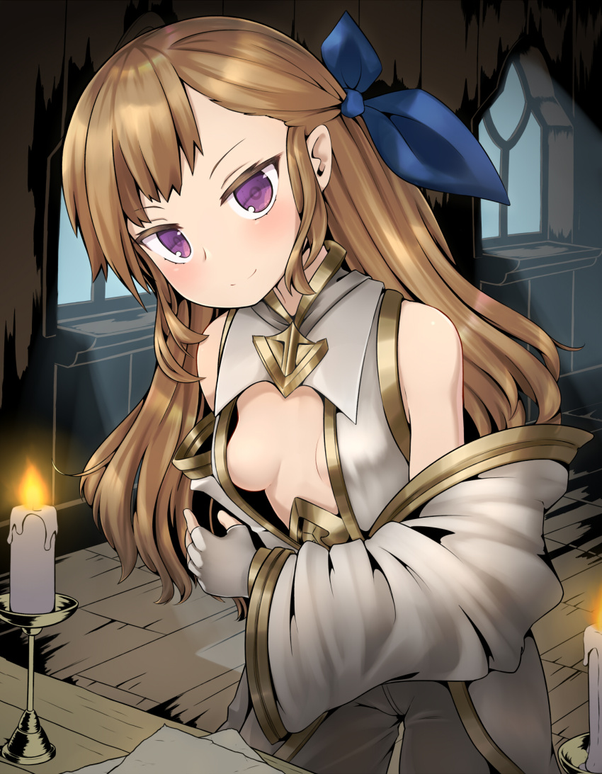 1girl bare_shoulders breasts brown_hair candle character_request commentary_request detached_sleeves fingerless_gloves gloves gold_trim gplnbeat hair_ribbon highres indoors long_hair looking_at_viewer mistover ribbon small_breasts smile solo tsurime violet_eyes