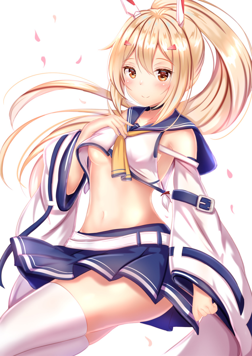 1girl ascot ayanami_(azur_lane) azur_lane belt blonde_hair blue_skirt breasts choker collarbone crop_top crop_top_overhang detached_sleeves floating_hair hair_ornament hand_on_own_chest headgear highres long_hair long_sleeves looking_at_viewer medium_breasts midriff miniskirt navel no_bra orange_eyes pleated_skirt ponytail retrofit_(azur_lane) sailor_collar shirt skindentation skirt smile solo thigh-highs very_long_hair white_legwear white_shirt wide_sleeves yuano zettai_ryouiki