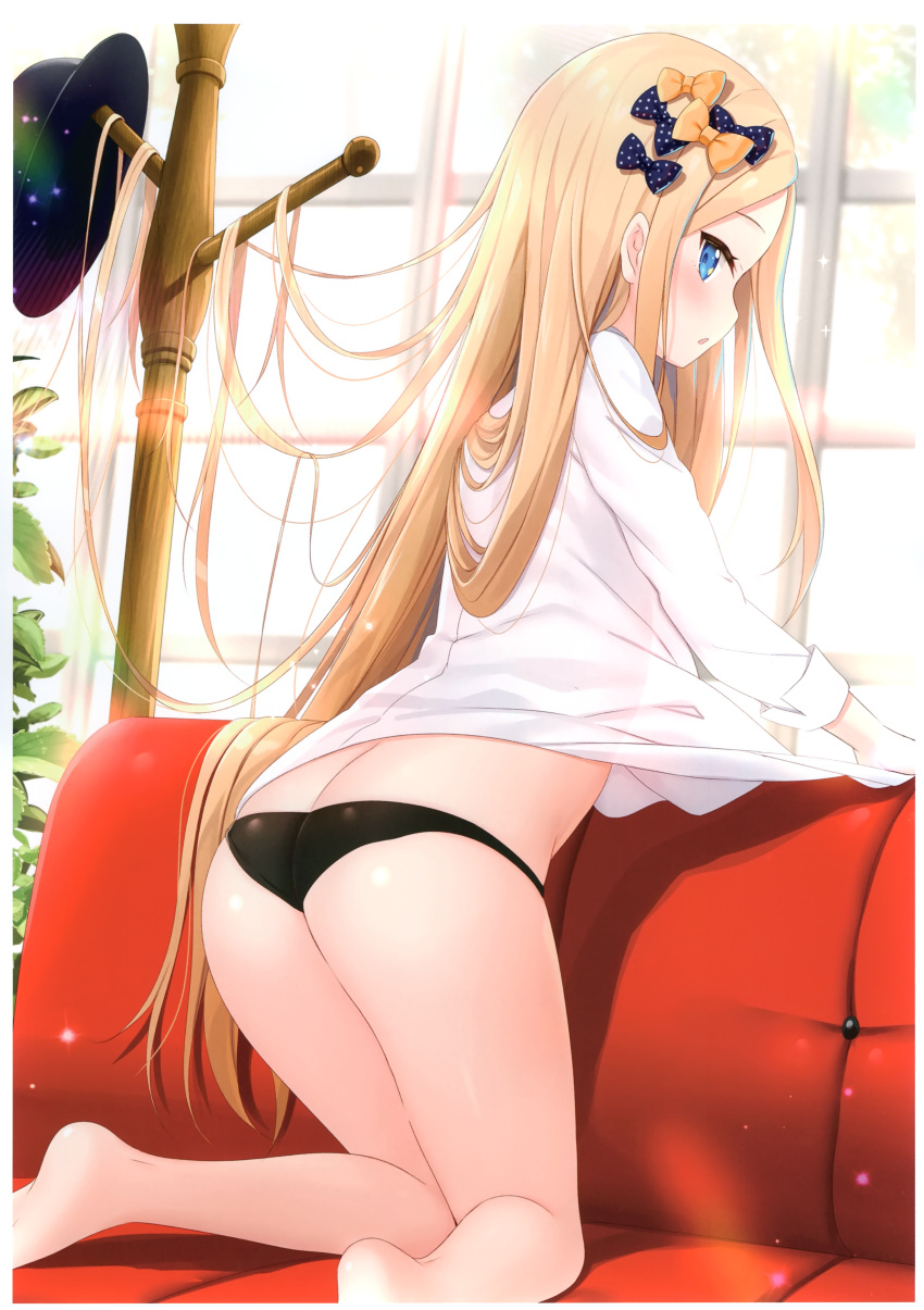 1girl abigail_williams_(fate/grand_order) absurdres ass backlighting bangs bare_legs barefoot black_bow black_headwear black_panties blonde_hair blue_eyes blush bow couch day fate/grand_order fate_(series) hair_bow hat hat_removed headwear_removed highres indoors kneeling lens_flare long_hair long_sleeves looking_at_viewer looking_back no_pants non-web_source on_couch orange_bow panties parted_bangs parted_lips polka_dot polka_dot_bow profile scan shirt soles solo sunlight underwear very_long_hair white_shirt window yano_mitsuki