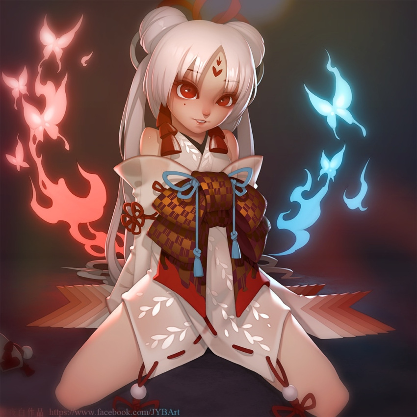 1girl arms_behind_back breasts bug butterfly commentary_request eyebrows_visible_through_hair facial_mark fire hair_ornament insect japanese_clothes kimono kneeling long_hair looking_at_viewer makeup mole mole_under_eye onmyoji red_lips see-through shiranui_(onmyoji) smile solo white_hair zhaoyebai