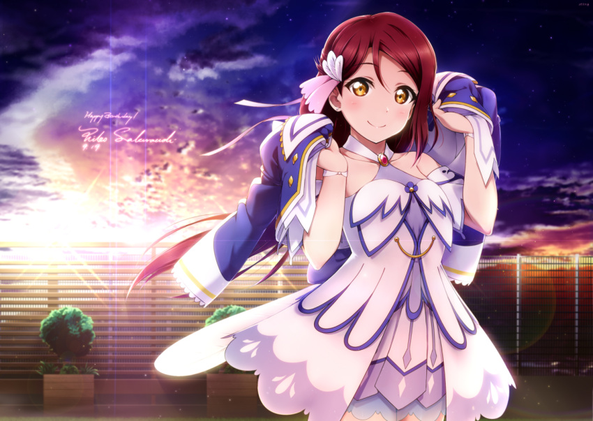 1girl bangs birthday brightest_melody character_name check_commentary collarbone commentary commentary_request dress dusk earrings english_text happy_birthday jacket jewelry long_hair looking_at_viewer love_live! love_live!_sunshine!! redhead sakurauchi_riko shiimai solo sunset yellow_eyes