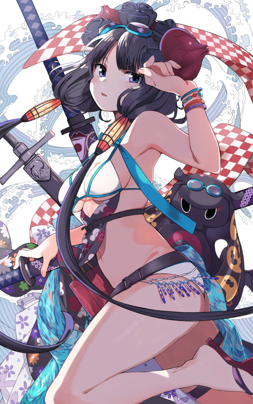 1girl absurdres amu_(258shin) bare_shoulders belt bikini blue_eyes blue_ribbon bracelet breasts eyebrows_visible_through_hair fate/grand_order fate_(series) feet_out_of_frame floral_print goggles goggles_on_head grey_background hair_ornament highres jewelry katana katsushika_hokusai_(fate/grand_order) katsushika_hokusai_(swimsuit_saber)_(fate) long_hair low_twintails medium_breasts octopus purple_hair ribbon sheath swimsuit sword thigh_strap tokitarou_(fate/grand_order) twintails very_long_hair weapon white_bikini