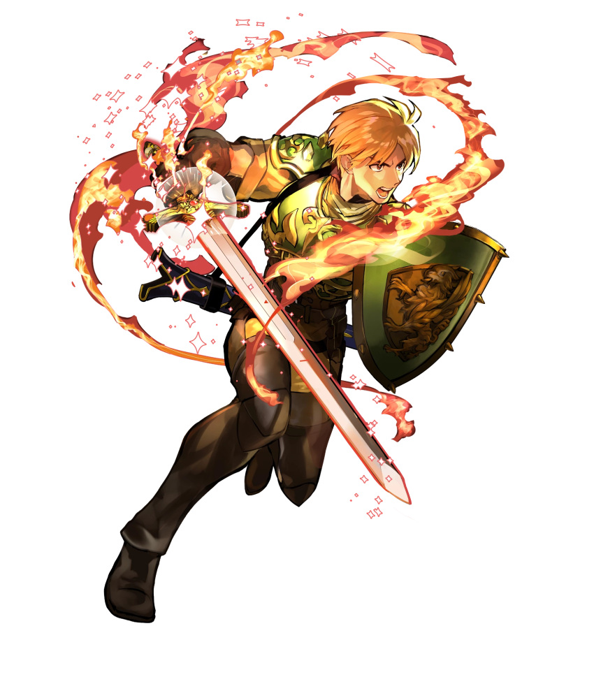 1boy akira_(kaned_fools) armor astram_(fire_emblem) belt blonde_hair boots brown_eyes fire fire_emblem fire_emblem:_mystery_of_the_emblem fire_emblem_heroes full_body gloves highres official_art open_mouth shield solo sparkle sword teeth transparent_background weapon