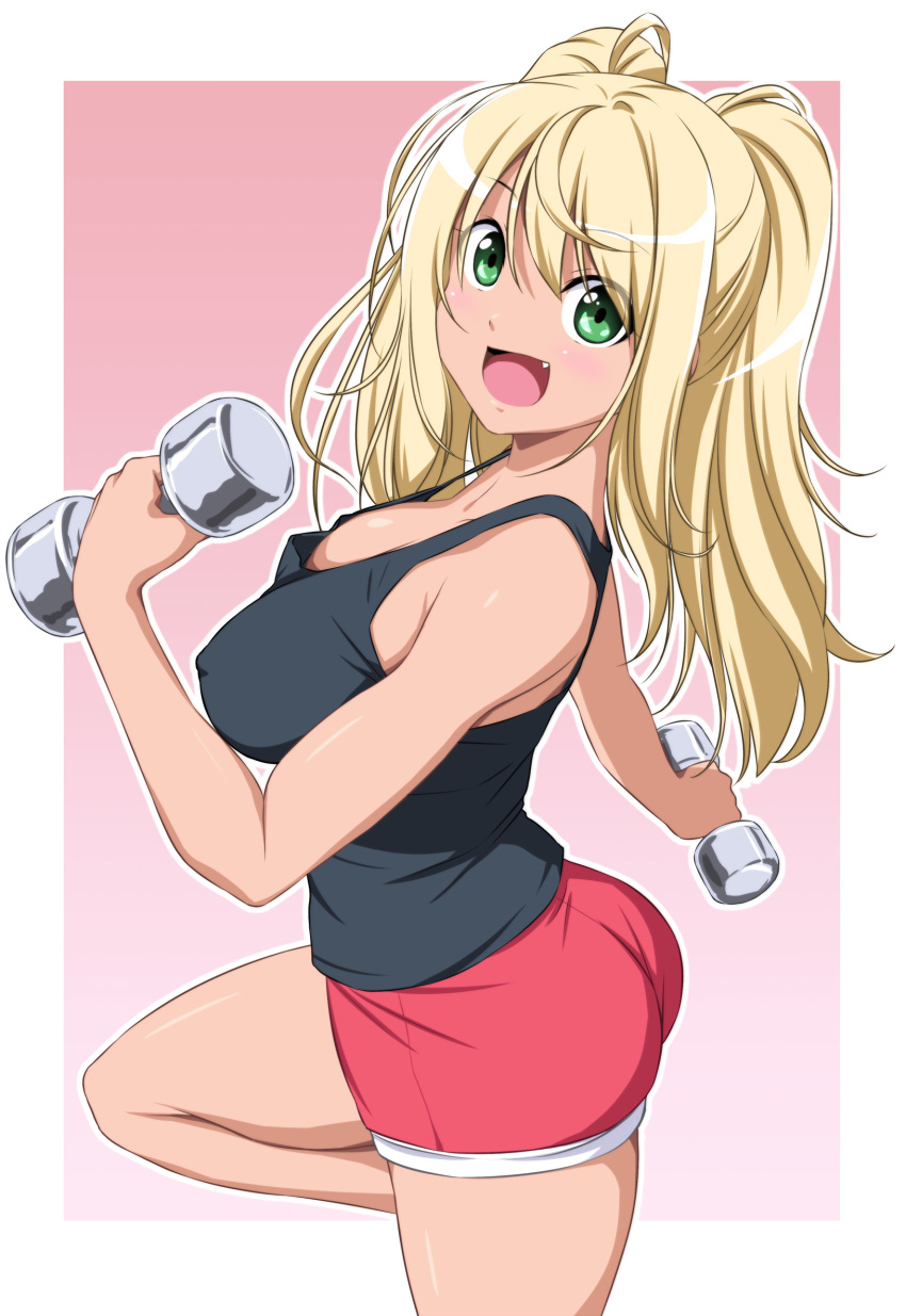 1girl :d ass bangs bare_arms bare_shoulders black_tank_top blonde_hair blush border commentary_request covered_nipples cowboy_shot danberu_nan_kiro_moteru? dumbbell eyebrows_visible_through_hair gradient gradient_background green_eyes hair_between_eyes hand_up highres holding long_hair looking_at_viewer nori_tamago open_mouth outline outside_border pink_background red_shorts sakura_hibiki_(danberu_nan_kiro_moteru?) short_shorts shorts sidelocks smile solo standing standing_on_one_leg strap_gap tank_top thighs twintails white_border white_outline