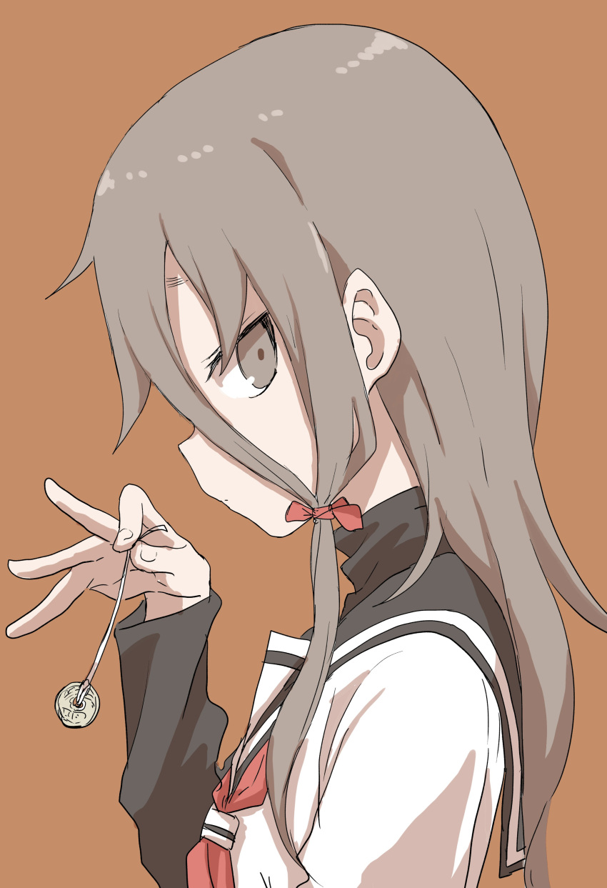 1girl absurdres bangs black_sailor_collar brown_background brown_eyes brown_hair closed_mouth coin commentary_request fingernails from_side hair_between_eyes hair_ribbon hand_up highres holding long_hair long_sleeves mikage_sakurako neckerchief profile red_neckwear red_ribbon ribbon sailor_collar shirt shougi_no_yatsu simple_background solo upper_body white_shirt yamamoto_souichirou